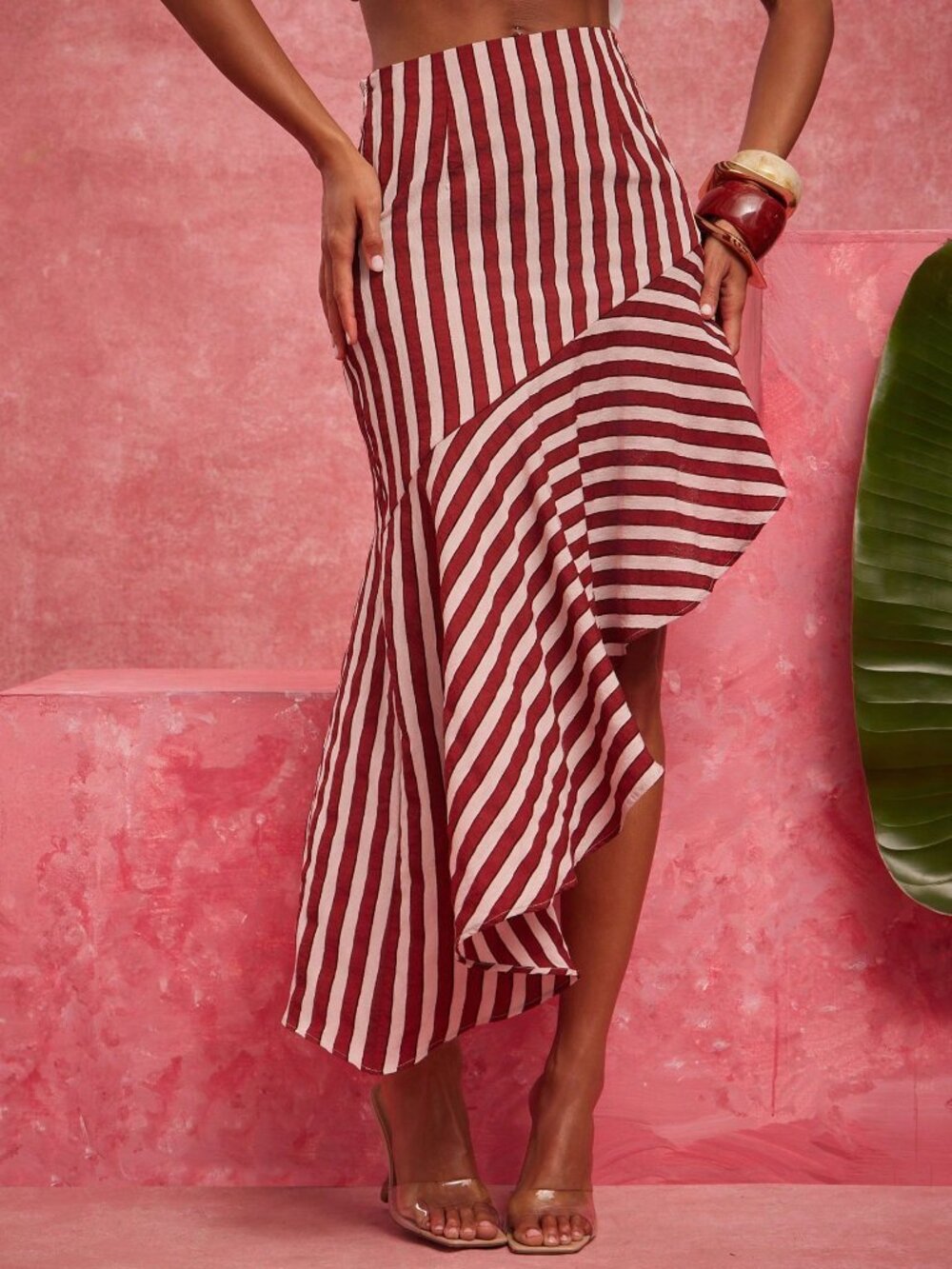 Multicolor Elegant Women's High Low Striped Long Asymmetrical Mermaid Skirt